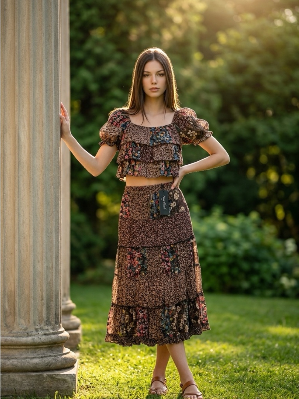 NEW Young Treads Brown Floral Tiered Skirt — Romantic Boho Style
